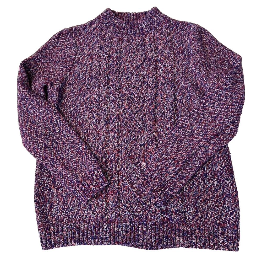 Lands' End Women's Cable Knit Sweater Size M Marled Purple Mock Neck Cotton
